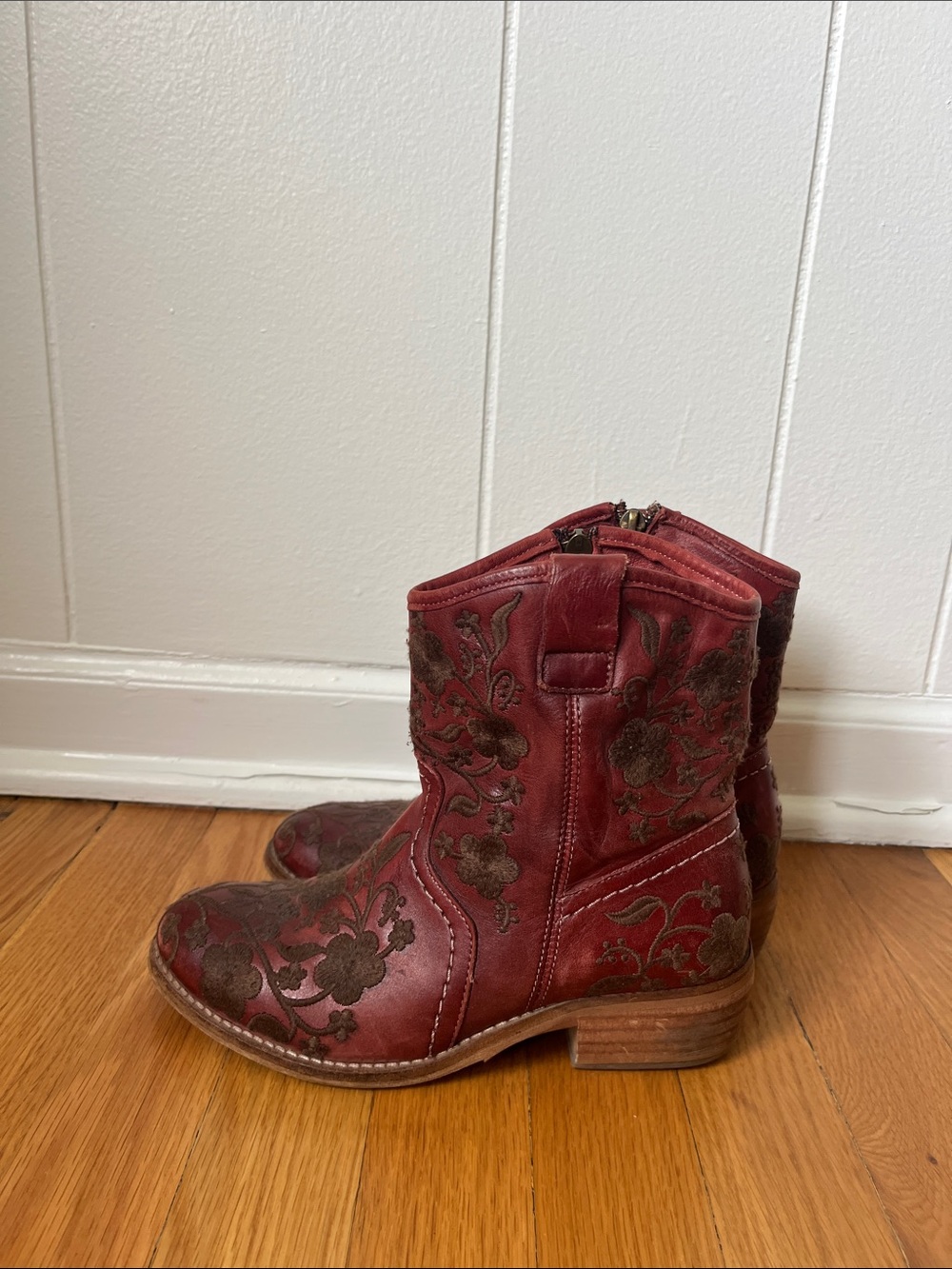 Taos Footwear Red Floral Embroidered Leather Ankle Boots